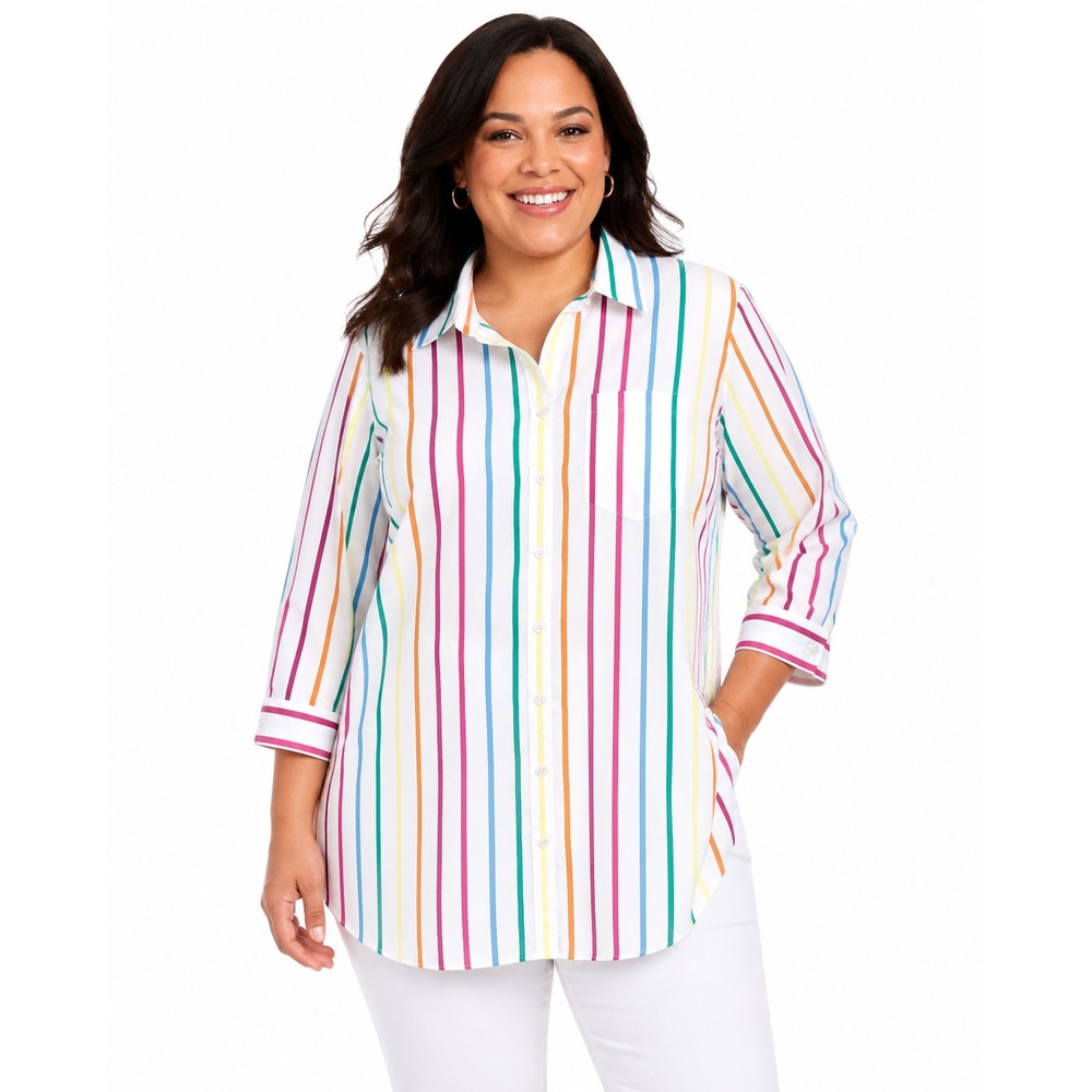 Lands' End Womens 20W Rainbow Stripe Cotton Button Down Shirt 3/4 Sleeve Top